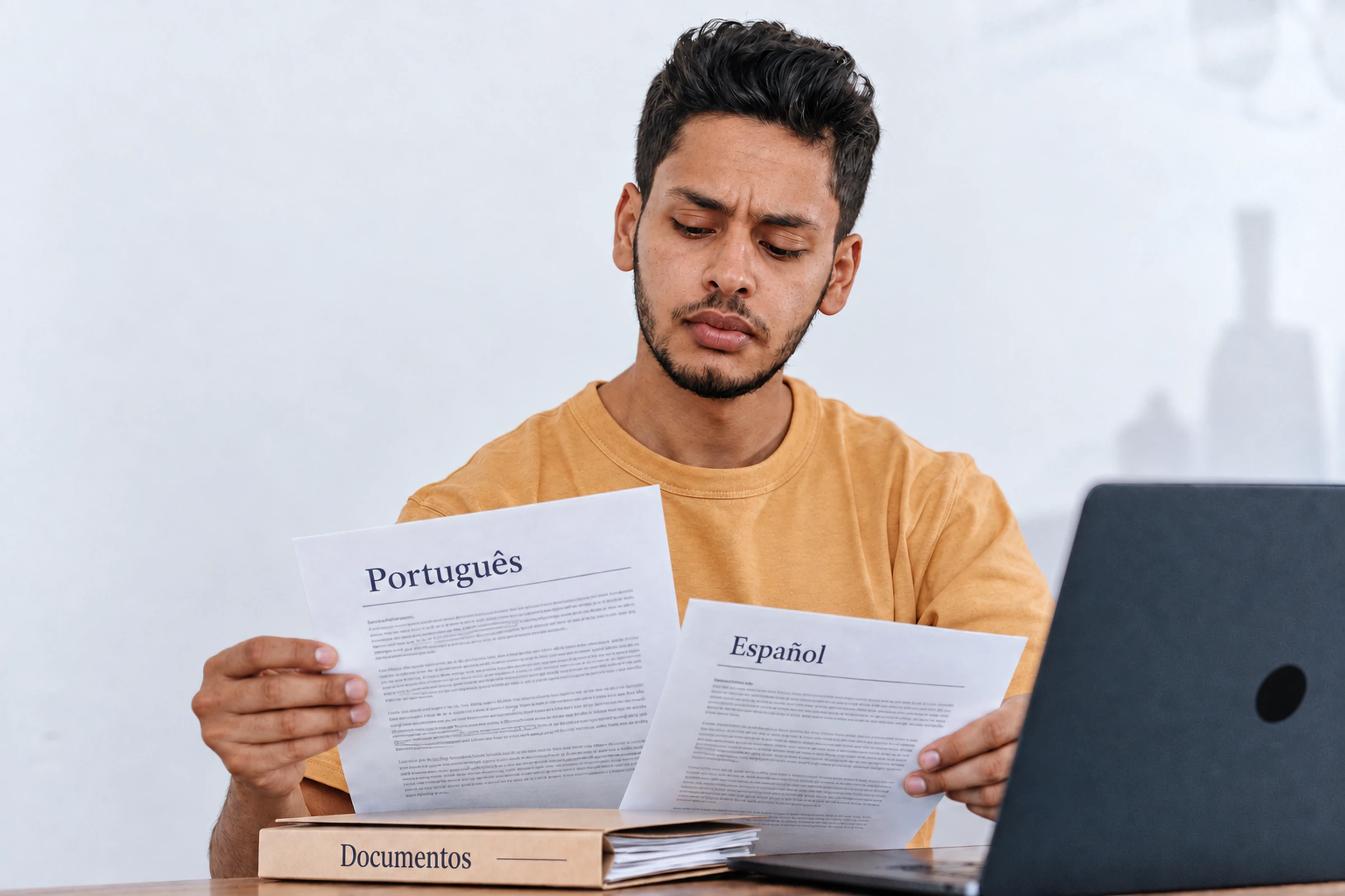 Profissional a rever documentos junto ao computador